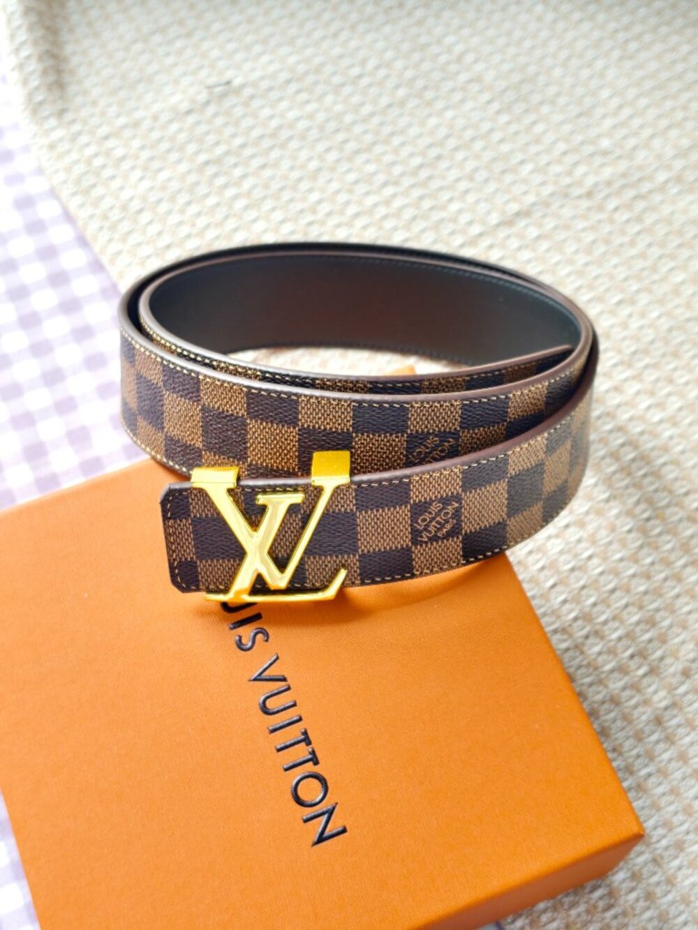 Unisex Louis Vuitton Damier Ebene Canvas Belt Gold LV Buckle 95/38